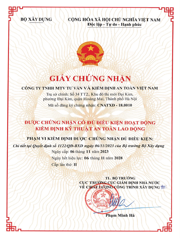 Giấy chứng nhận Kiểm định an toàn lao động - Bộ Xây dựng